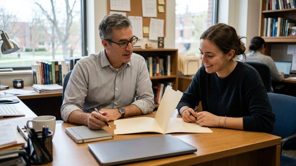 College student reviewing internship plans with an academic advisor at a desk.