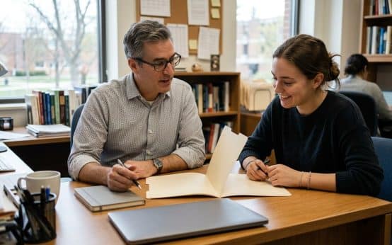 College student reviewing internship plans with an academic advisor at a desk.