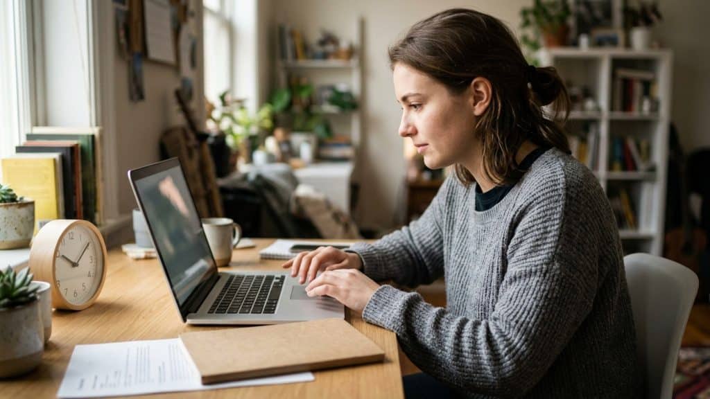 Internship candidate considering an offer and writing a message at a home desk.