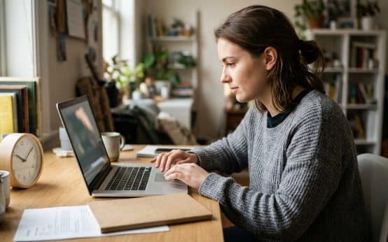 Internship candidate considering an offer and writing a message at a home desk.