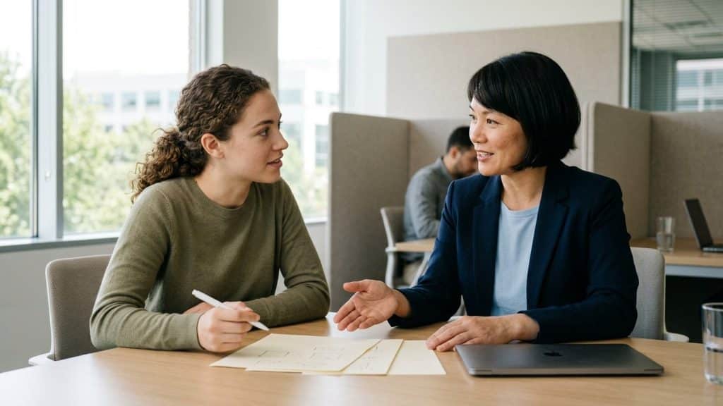 Intern discussing a portfolio concept with a workplace mentor at a meeting table.
