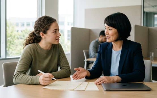 Intern discussing a portfolio concept with a workplace mentor at a meeting table.